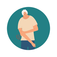 An elderly woman holds on to her sore elbow. Arthritis or arthrosis of the joint. Vector illustration in flat style