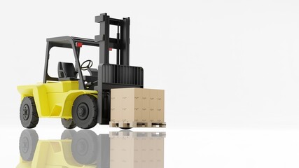 Forklift with carton pallet on white background. 3D illustration