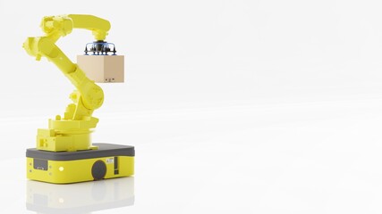Factory 4.0 concept: The AGV with handling robot and carton on white background. 3D illustration