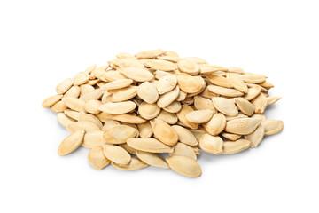 Heap of pumpkin seeds on white background
