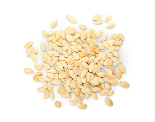 Heap of pumpkin seeds on white background
