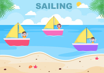 Fototapeta na wymiar Kids Cartoon Sailing Boat with Sea or Lake View Background Vector Illustration. Summer Time for Leisure, Sports Activity and Recreation Outdoors Lifestyle