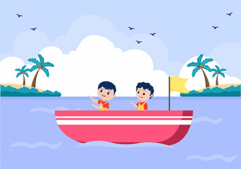 Fototapeta na wymiar Kids Cartoon Sailing Boat with Sea or Lake View Background Vector Illustration. Summer Time for Leisure, Sports Activity and Recreation Outdoors Lifestyle