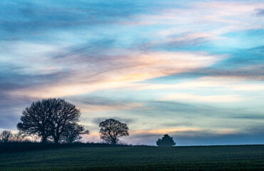 Winter Sunset,English countryside,across green fields,Hampshire,United Kingdom.