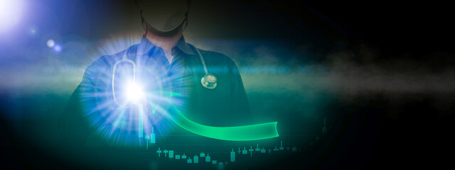 business doctor use hand to improve medical graph for data report back ground