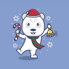 cute cartoon polar bear with christmas bells. vector illustration for mascot logo or sticker
