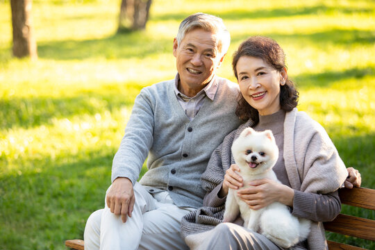 Cheerful senior couple with a cute dog