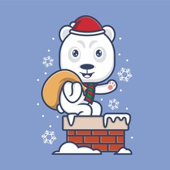 cute cartoon polar bear with christmas chimney. vector illustration for mascot logo or sticker
