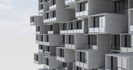 futuristic design concepts, facade of a concrete building, exterior design 3d rendering