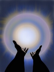 illustration of Hand praying with light of god