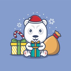 cute cartoon polar bear with christmas gifts. vector illustration for mascot logo or sticker