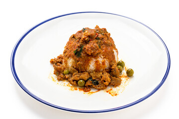 Beef Panang Curry with Rice on white plate isolated on a white background, popular local food of Thailand.