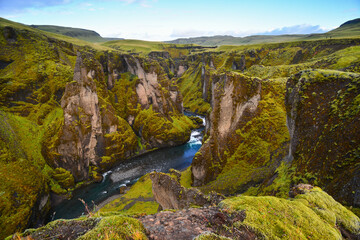 Green and beautiful Fjaðrárgljúfur canyon, near Kirkjubæjarklaustur village, South Coast of...
