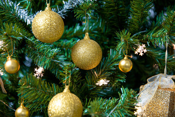 Christmas Tree with golden decoration, Holidays Concepts background