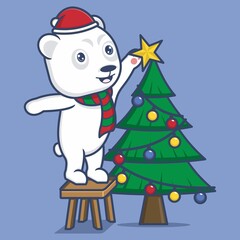 cute cartoon polar bear with star on christmas tree. vector illustration for mascot logo or sticker