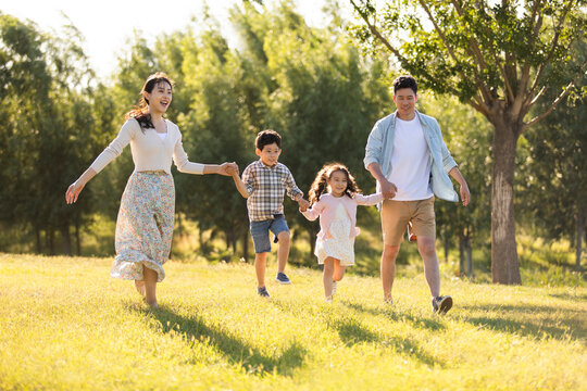 Happy young family relaxing on meadow