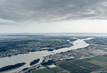 An aerial view of the Fraser River delta looking south towards Tsawwassen, BC