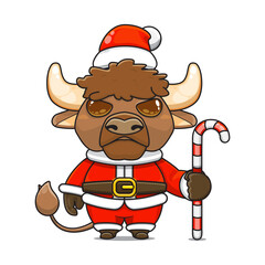 cute bison ​​wearing santa costume holding candy cane for christmas