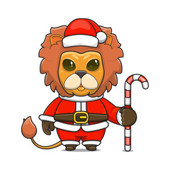 cute lion ​​wearing santa costume holding candy cane for christmas