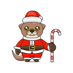 cute otter ​​wearing santa costume holding candy cane for christmas