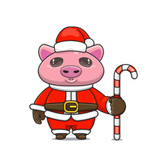 cute pig ​​wearing santa costume holding candy cane for christmas