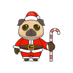 cute pug or dog ​​wearing santa costume holding candy cane for christmas