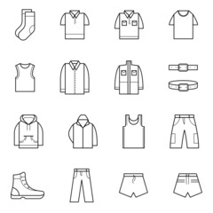 Set of linear icons of mens clothing. Graphic elements for online store, website. Vector stock illustration