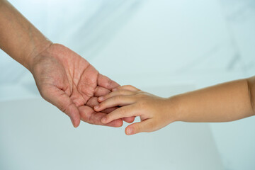 Mother and Child’s holding hands  on white background, Mother and Kid hand on white background. 
