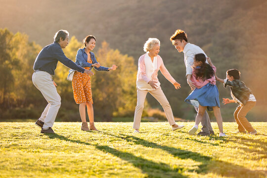 Happy Chinese family playing on meadow