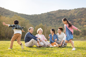 Happy Chinese family playing on meadow