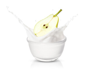 Peach with yogurt or milk splash isolated on white background.