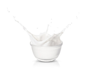 Glass bowl of milk or yogurt with splash isolated on white background.