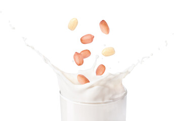 Peanut milk splash isolated on white background.