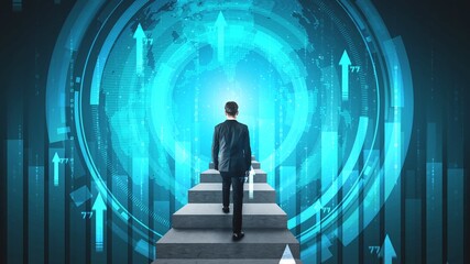 Business growth potential concept with virtual graphic of financial success . Businessman with report chart up forward to global career path growth and achievement in stock market investment .