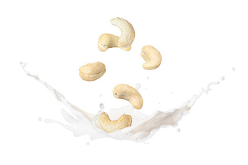 Cashew milk splashing with cashew nuts falling isolated on white background.