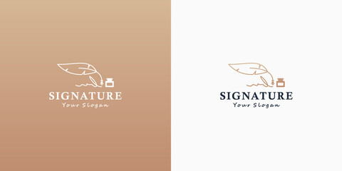 golden signature logo design with feather pen