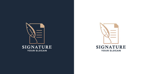 book and feather pen logo design with golden color