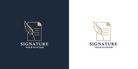 signature logo design with book and feather pen