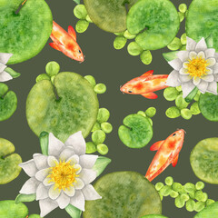 Japanese Koi fish and white water lily in pond watercolor seamless pattern - obrazy, fototapety, plakaty