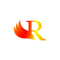 Letter R logo with fiery red flame wings