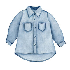 Watercolor illustration of denim shirt for boy. Isolated clipart element on white background