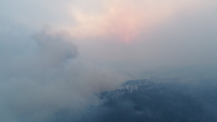 Naklejka na ściany i meble Forest fire. The forest is on fire. Irkutsk region. Extraordinary incident. Drone shooting