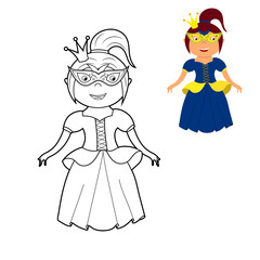 a coloring book, a cute princess in a dress, a mask and a crown. vector cartoon illustration