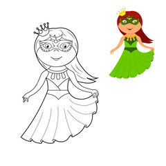 a coloring book, a cute princess in a dress, a mask and a crown. vector cartoon illustration