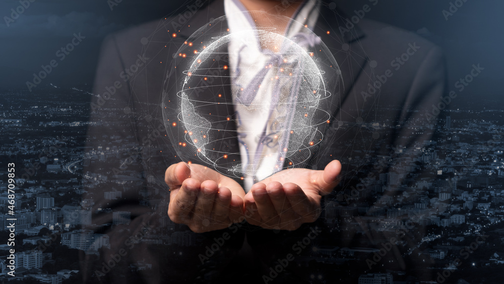 Aufkleber global network concept, businesswoman hand holding global network and data exchanges over the world 