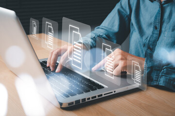 Businesswoman hand using laptop computer with document management icon, Document management data...
