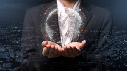 Global network concept, Businesswoman hand holding global network and data exchanges over the world 3D rendering..