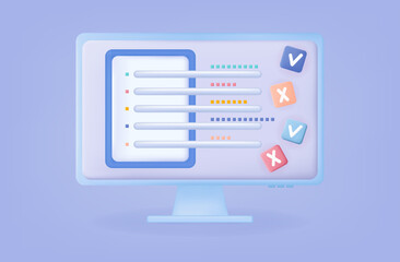 3d quiz online. The result of training, an exam, final or conclusion report. Annual assessment or electronic checklist. Correct or rejected result of the quiz or questionnaire. Vector illustration