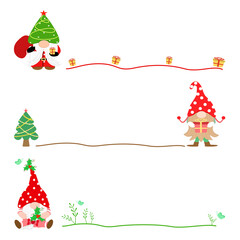 Vector - Cute Gnome on Santa Claus dress with gift box, Christmas tree, and green leaves. Boxing, X’mas day. Holiday season.