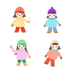 Vector collection 4 girl kids wear knitting and hat christmas winter season Premium Vector